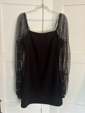 Black Mini Dress with Sheer Pearl-Embellished Sleeves Size Small Cocktail Formal